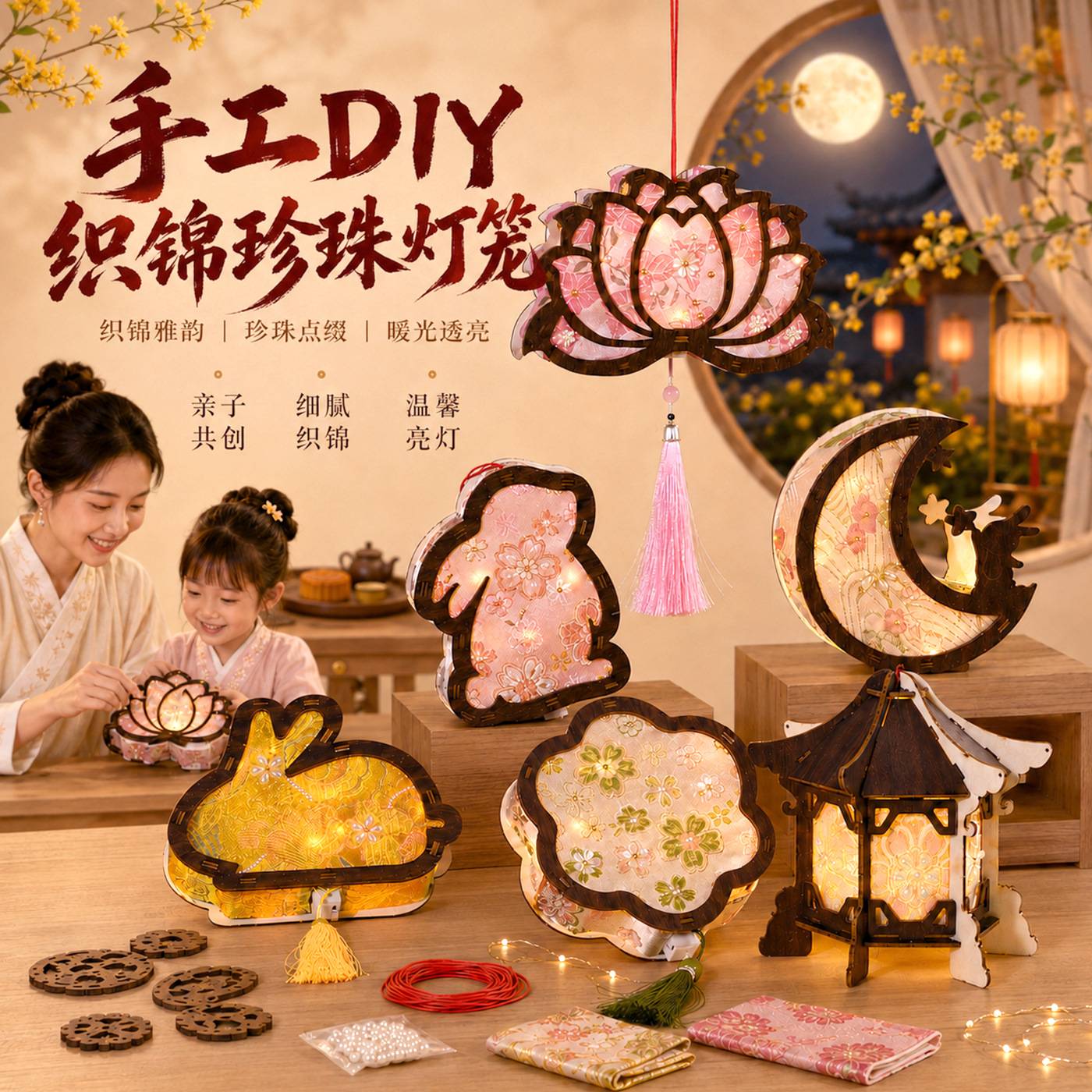 中秋节宋锦灯笼手工diy木质发光手提兔子宫灯手作礼物织锦花灯