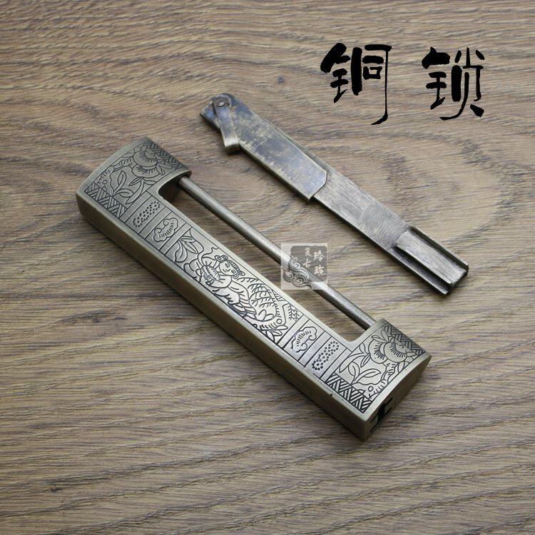玲珑中式仿古g铜锁纯铜横开挂锁樟木箱锁书柜铜锁老式小铜锁插销