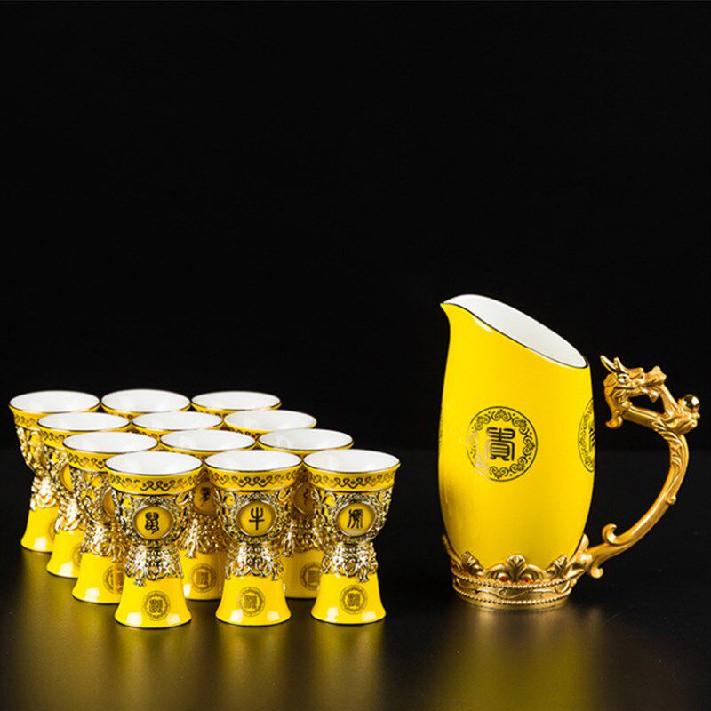 创意镀金红色帝王黄白酒杯陶瓷y中式烈酒杯白瓷双头小酒杯酒具套