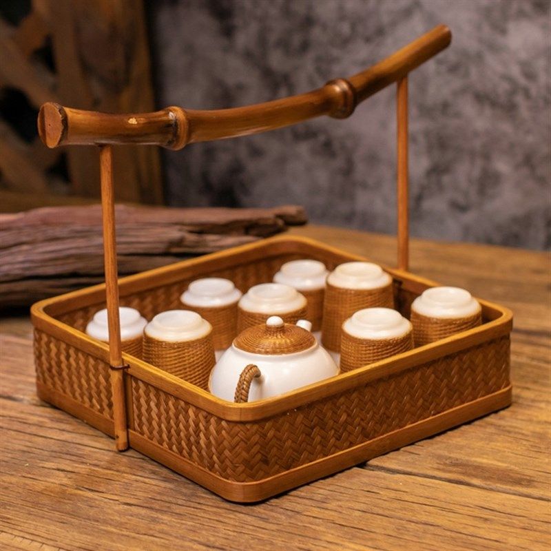 日式筇竹手工竹编仿古手提茶盘z长方形圆形大号水果盆茶点盘收纳,特色手工艺,竹编/竹雕,淘宝优惠券,粉丝福利购,淘宝优惠卷