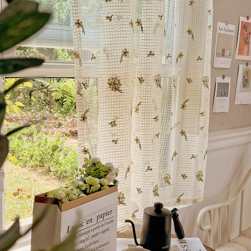 田园风刺绣文艺小清新法式隔断门帘阳台纱帘ins免U打孔小窗户窗帘