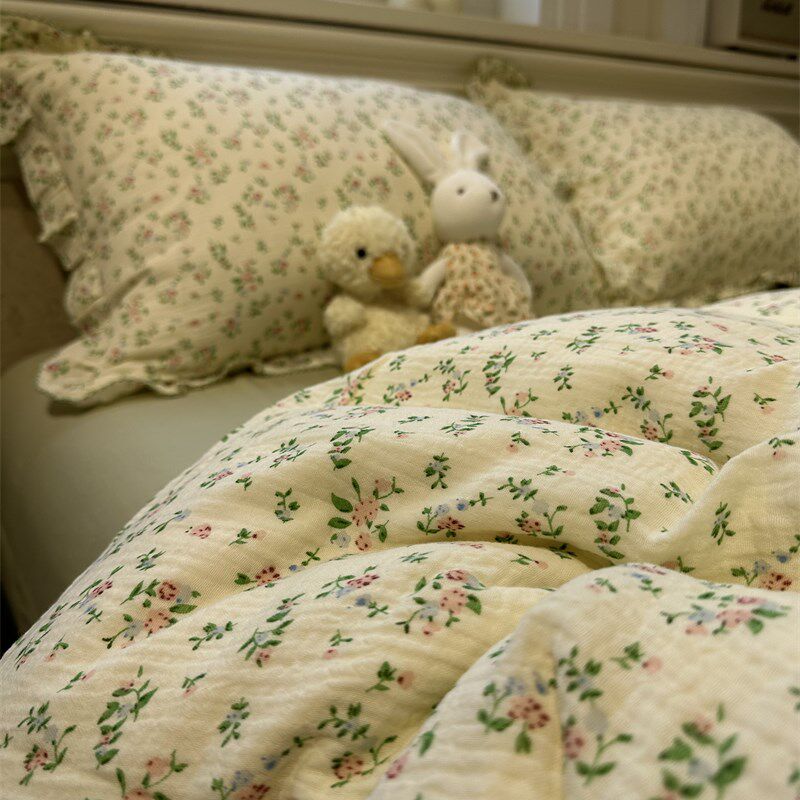 A类温柔复古田园双层皱皱纱绿色小碎花床上四件套全纯棉1.X5m1.8