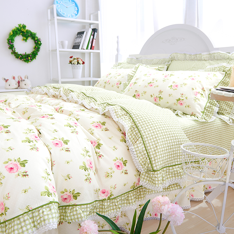 全棉韩式蕾丝花边四件套纯棉田园风小碎花被套床单U公主风床上用
