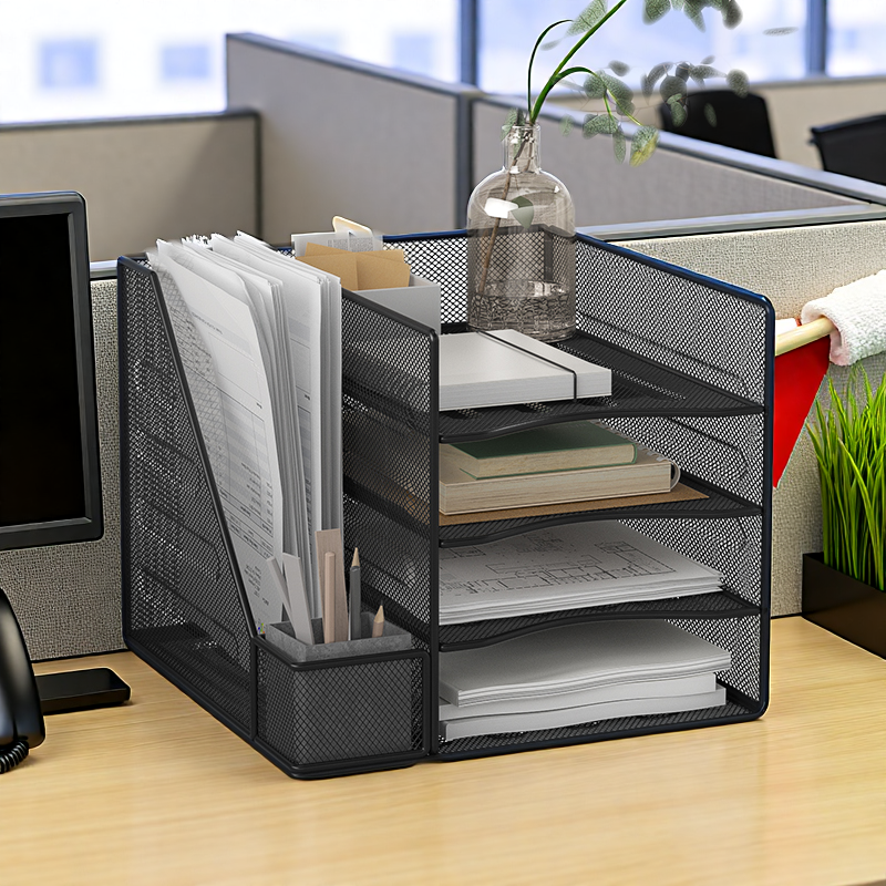 四层文件架带书立金属网格办公桌面收纳架多层办公用品文件整理置物架带笔筒一体式免安装大容量A4多功能架