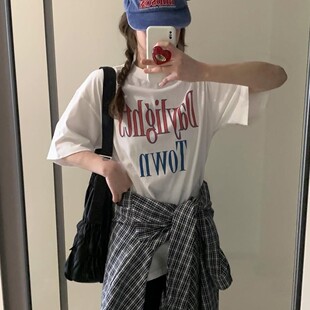 ins上衣半袖 ADC T恤女夏季 复古小众字母印花短袖 FZ韩国东大门美式