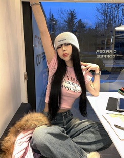 甜辣正肩短款 复古T恤2024新款 上衣ins潮 美式 24SS纯棉字母粉色短袖