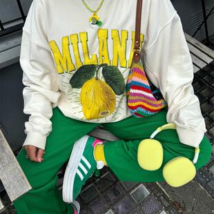 小众OOTD欧美秋冬新款 复古卡通柠檬图案设计感宽松廓型卫衣女 美式
