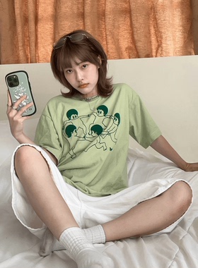 美式复古绿色短袖t恤女夏季2024新款设计感小众宽松纯棉半袖上衣