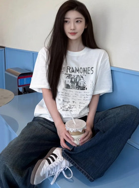 ADC-FZ复古慵懒风宽松落肩短袖T恤女夏季新款美式潮牌ins白色上衣