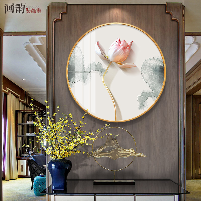 现货新中式水墨浮雕荷花禅意创意圆形实木装饰画客厅晶瓷画电表箱图片