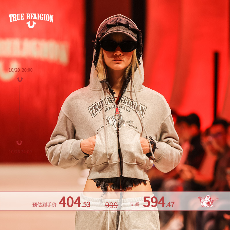 True ReligionTrueReligion2024秋冬新品女士宽松休闲短款连帽衫