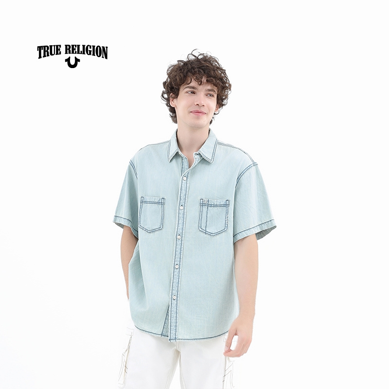 TrueReligion春夏男休闲百搭通勤牛仔短袖衬衫