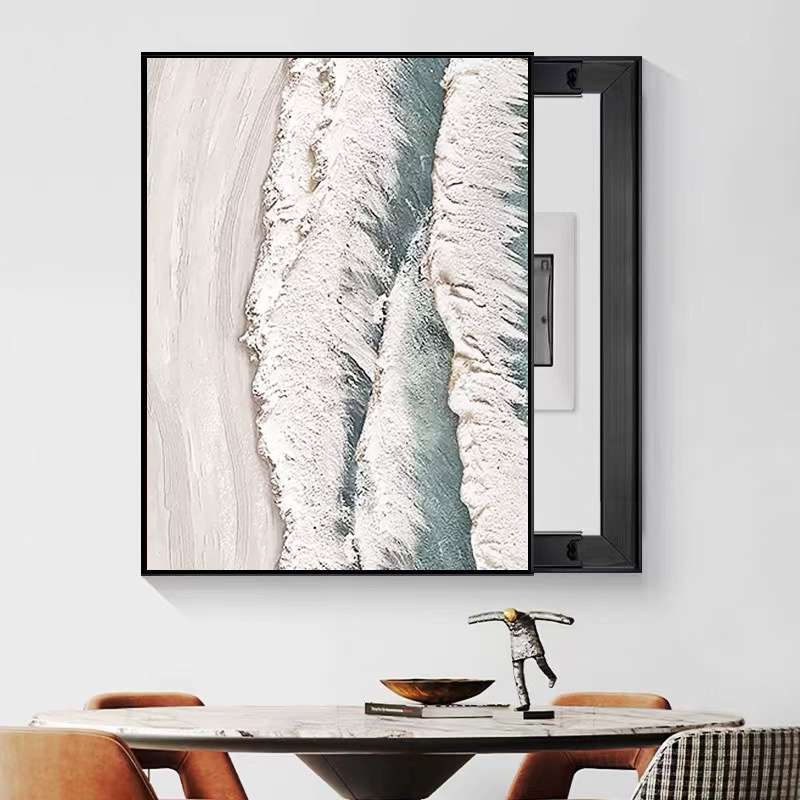 沙滩海浪手绘肌理画电表箱装饰画横款推拉遮挡墙壁挂画弱电箱闸