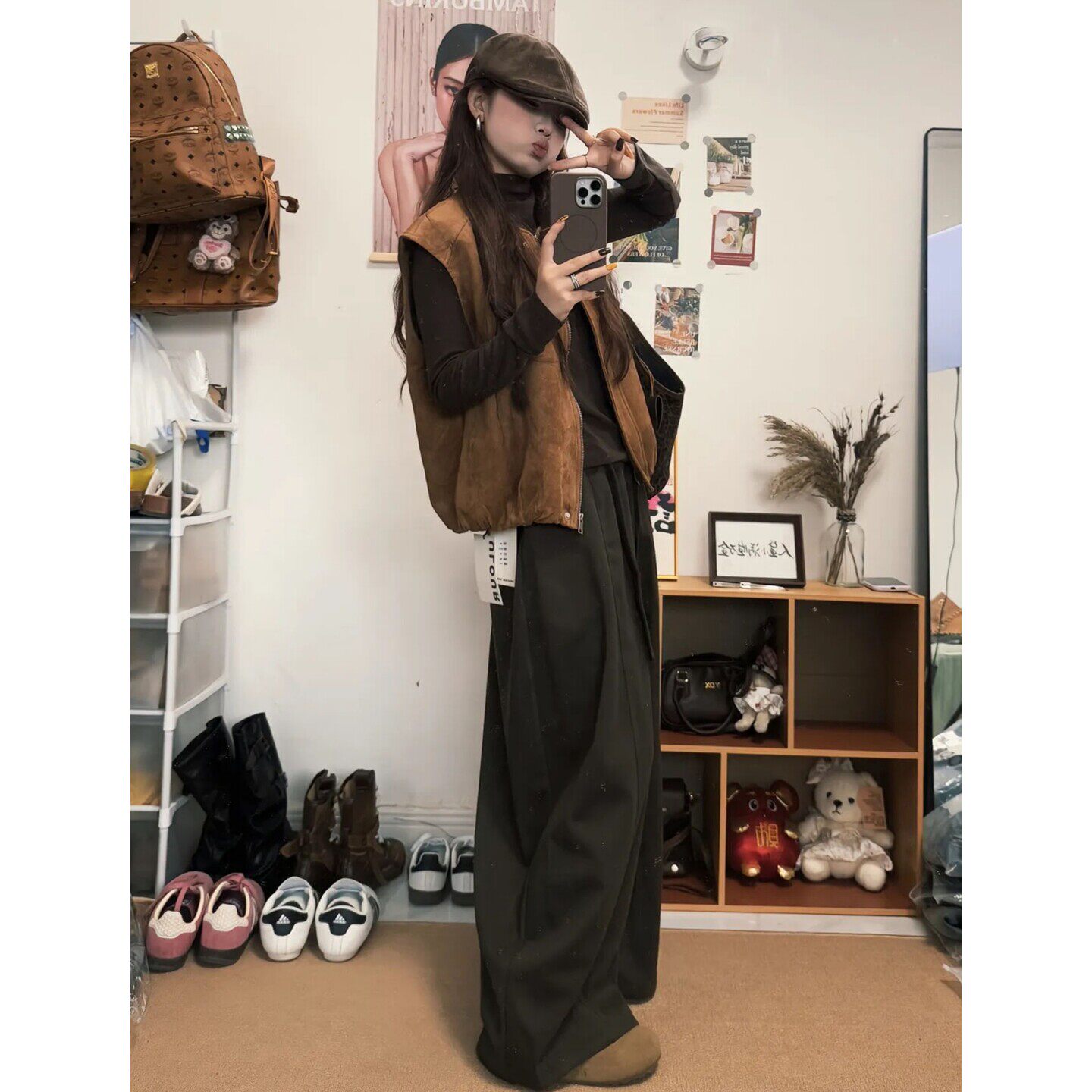 美拉德复古棕色麂皮叠穿马甲女大尺码春季圆领百搭休闲背心外套马