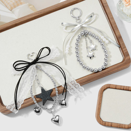 ins精致时尚百搭CCB串珠绒布皮革蝴蝶结蕾丝爱心星星钥匙扣包挂件