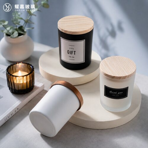跨境认证彩色蜡烛杯玻璃瓶200ml烛台空杯带盖透明香薰蜡烛杯瓶子