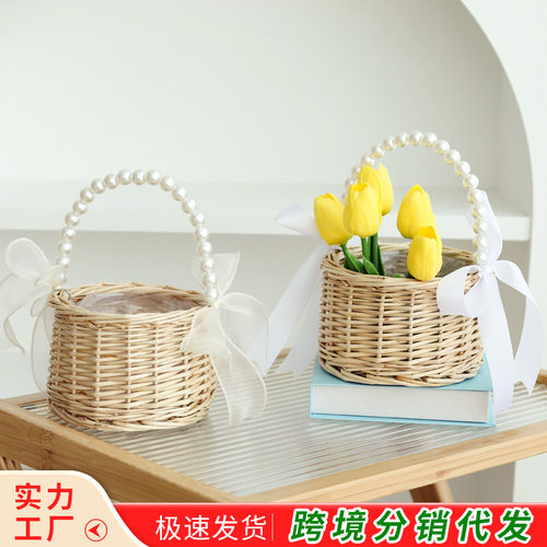 跨境藤编伴手礼手提花篮手工编织珍珠把手收纳篮草编柳编筐花篮子