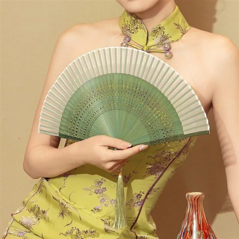 中国风松霜绿色便携随身清新女式汉服旗袍易开舞蹈折扇子走秀古装