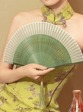 中国风松霜绿色便携随身清新女式汉服旗袍易开舞蹈折扇子走秀古装