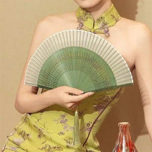 中国风松霜绿色便携随身清新女式汉服旗袍易开舞蹈折扇子走秀古装