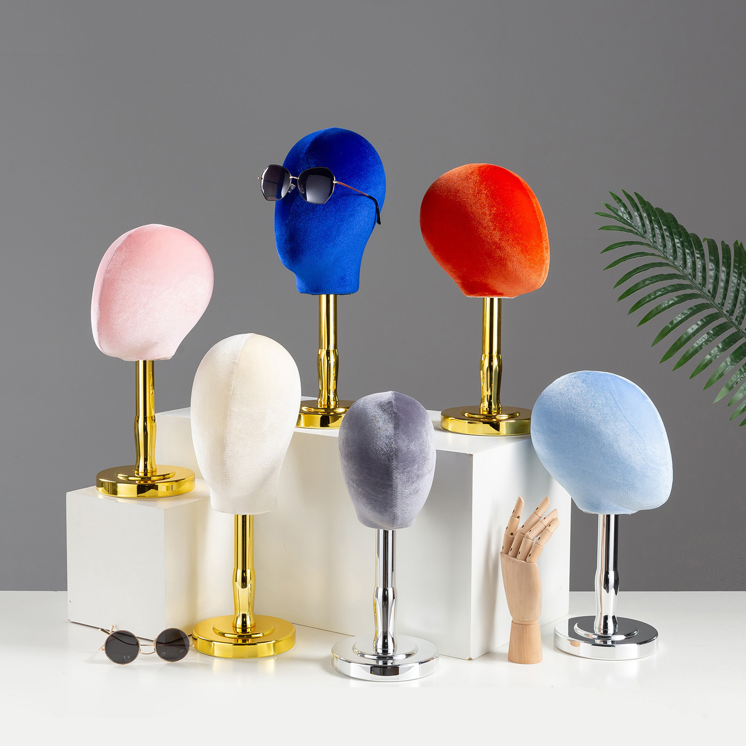 新款创意米色包布头模帽架高低帽托配金色银色底座可拆装帽托帽撑