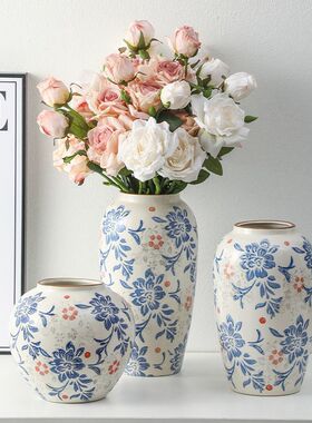 中式高级青花瓷复古玄关陶瓷花瓶家居客厅插花装饰品摆件水培鲜花