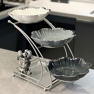 包邮 高颜值步步高升轻奢三层创艺果盘糖果盘水果家用陶瓷装 饰花型