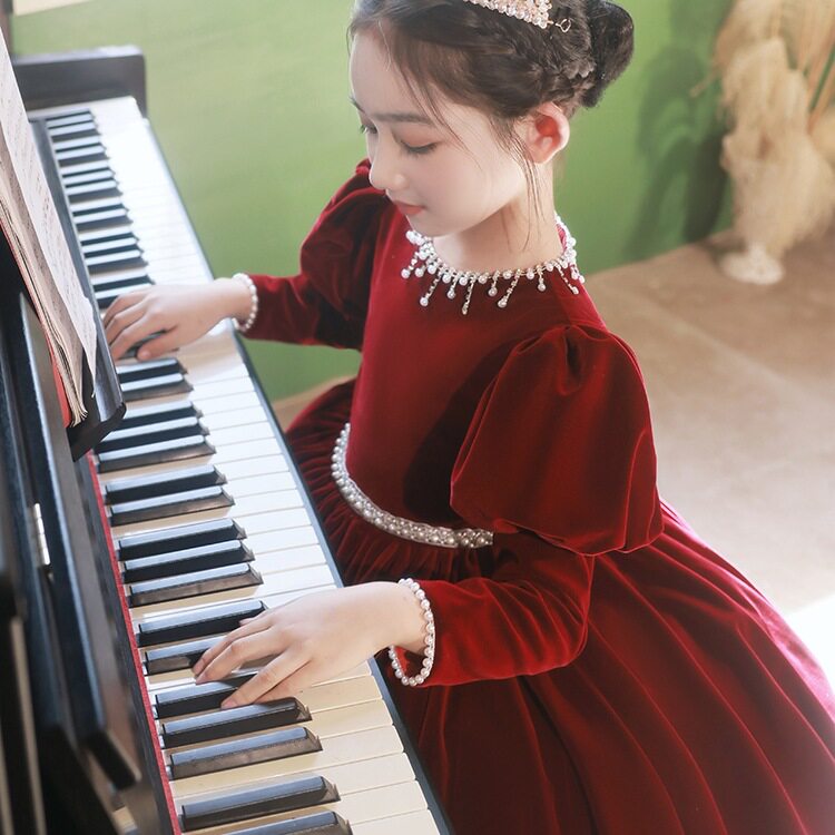 儿童生日礼服红色丝绒花童公主裙女孩钢琴演出服女童主持人冬