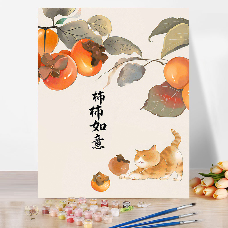 数字油画diy填色手绘油彩画古风小清新猫咪手工涂色画卡通装饰画图片