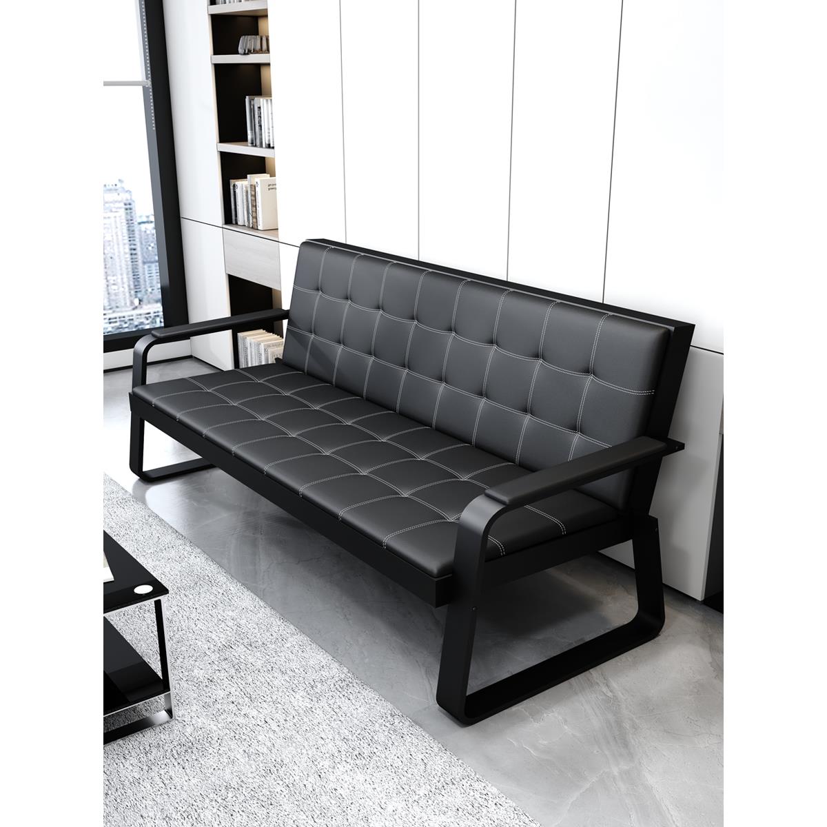 办公沙发三人位简易铁架铁艺接待会客长条椅办公室沙发茶几组合