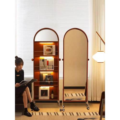 复古落地全身镜家用创意杂志书报置物架中古可移动实木试穿衣玄关
