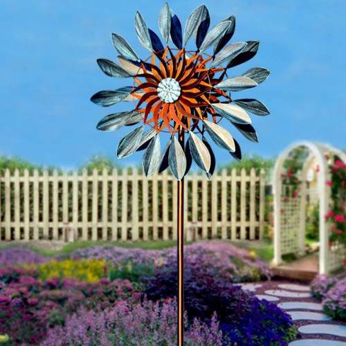 户外公园别墅花园庭院装饰铁艺风车双面旋转落地摆件创意造景模型