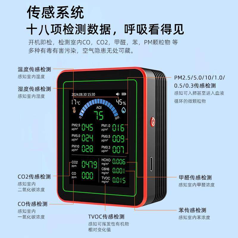 18合1甲醛检测仪二氧化碳检测仪pm2.5TVOC报警器户外空气质量温度
