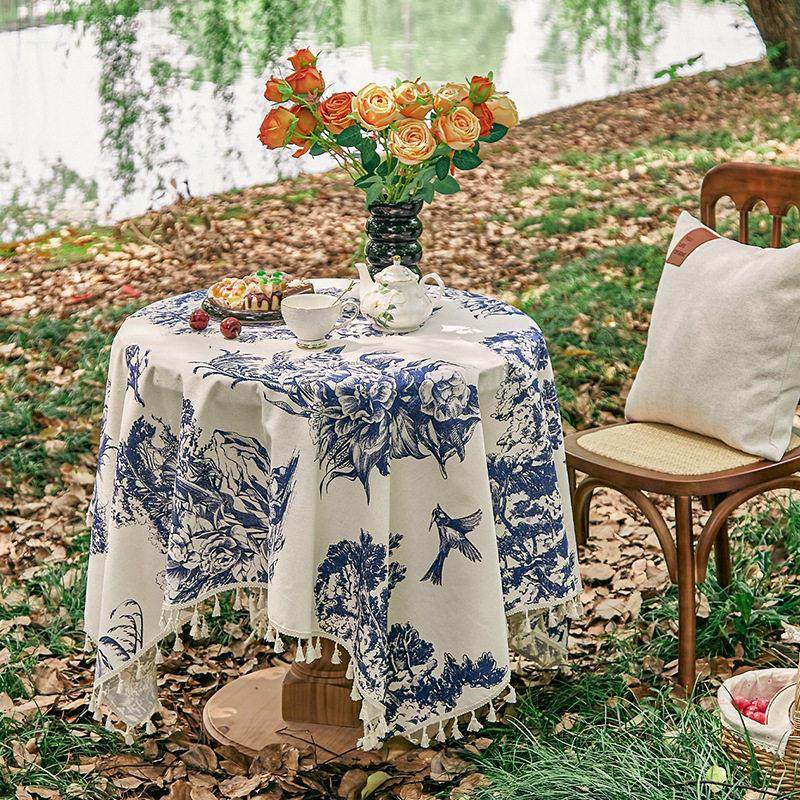 新款ins风法式复古蓝色水墨田园印花涤棉餐桌布茶几盖巾布野餐垫,居家布艺,桌布,淘宝优惠券,粉丝福利购,淘宝优惠卷