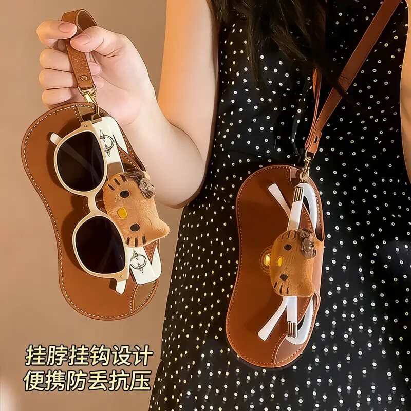 可爱KT猫皮质眼镜盒便携女太阳墨镜包挂脖防丢抗压保护套收纳袋