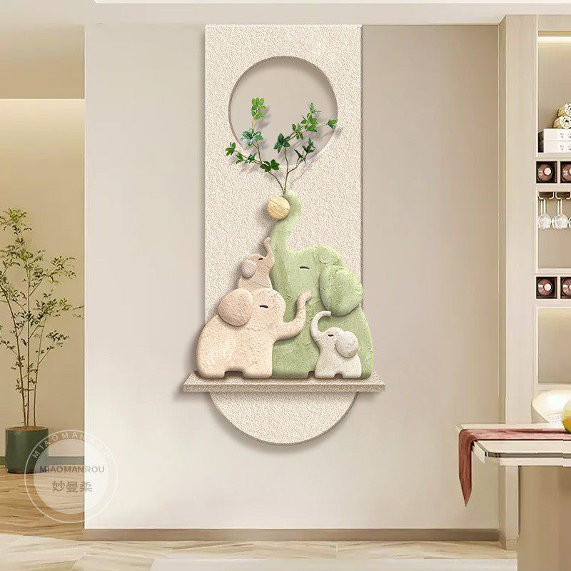 速发现代简约入户玄关装饰画绿植大象走廊过道墙挂画奶油风正对门