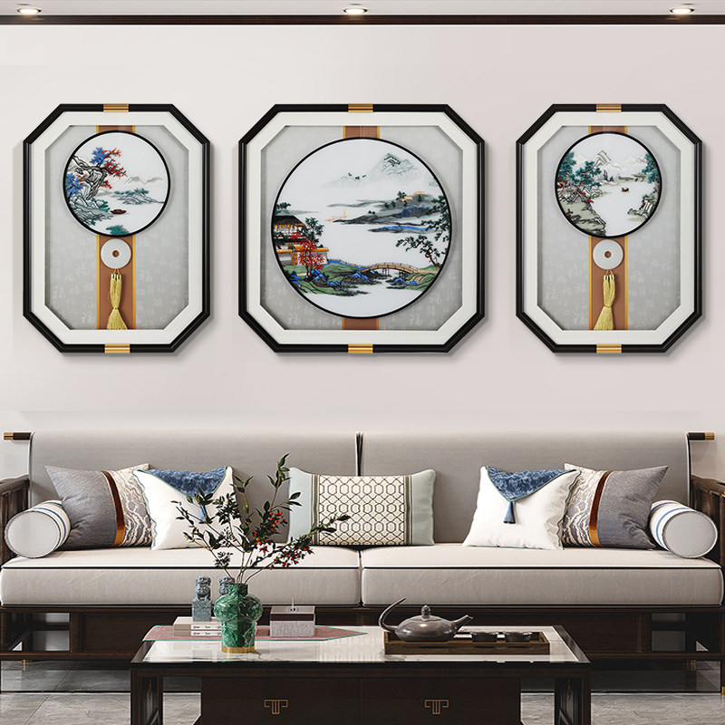 速发新式中客厅装饰画高档苏绣画高级挂沙发背景墙壁画手工刺绣感