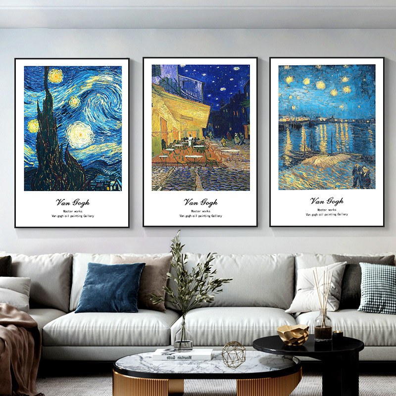 速发客厅挂饰画梵高星空丰收沙发背景墙装店抽象餐厅酒画高档三联