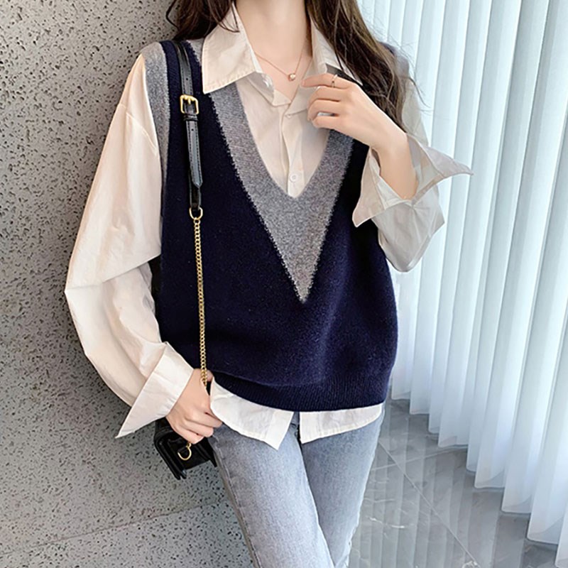 速发v领针织衣甲背松2024春秋新款宽心马夹外穿上马毛衣坎肩潮