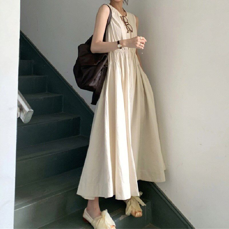 速发大码森系复古肉级感长色无袖背心连衣裙遮高茶歇白裙子