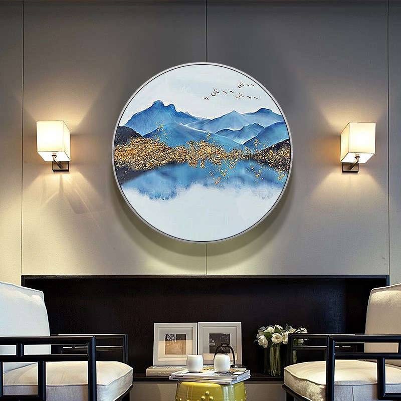 速发新中式客厅玄关装饰画书房餐厅圆形挂画手绘抽象山水油画壁画图片