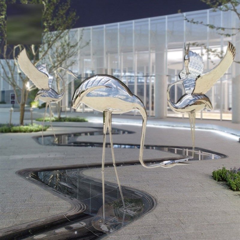 速发不锈钢仙鹤雕塑售楼部池属镜面火烈饰户外水金装鸟艺术品摆件