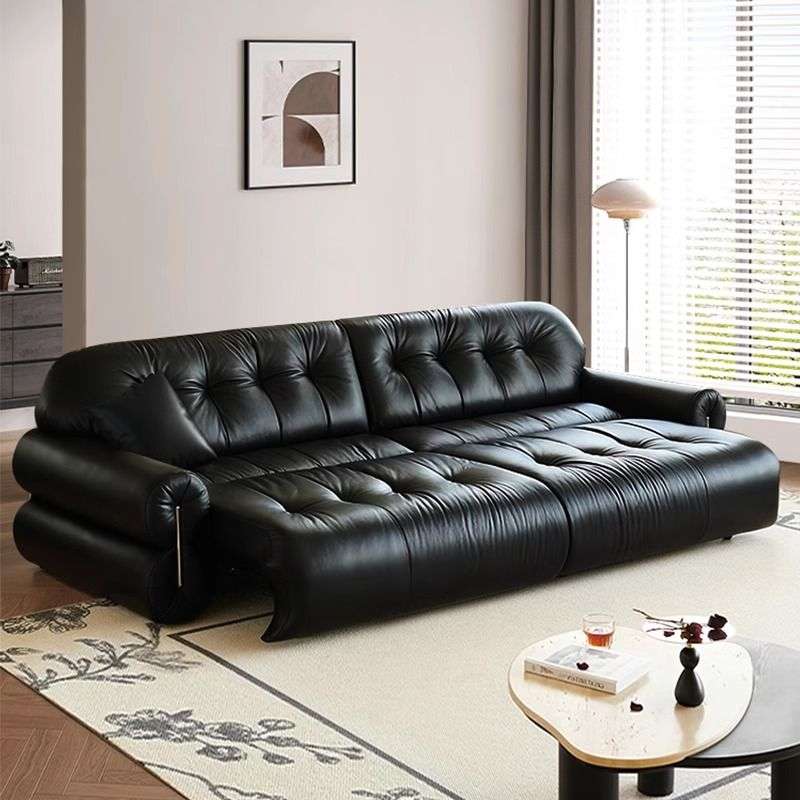 伸缩黑糖法式云朵轻奢沙发真皮沙发电动客厅靠墙黑色复古功能