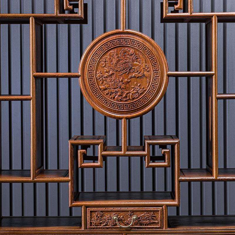 仙铭源鸡翅木雕花书柜新中式实木置物架多层收纳架红木陈列博古架