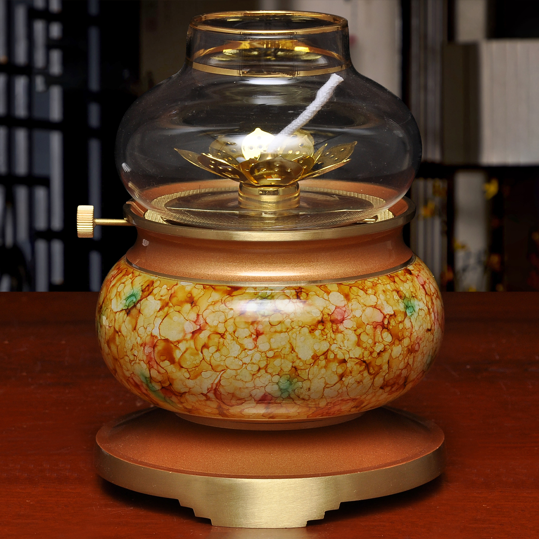 黄铜珍珠红多彩调光油灯酥油灯防风灯座长明灯家用敬神供佛油灯