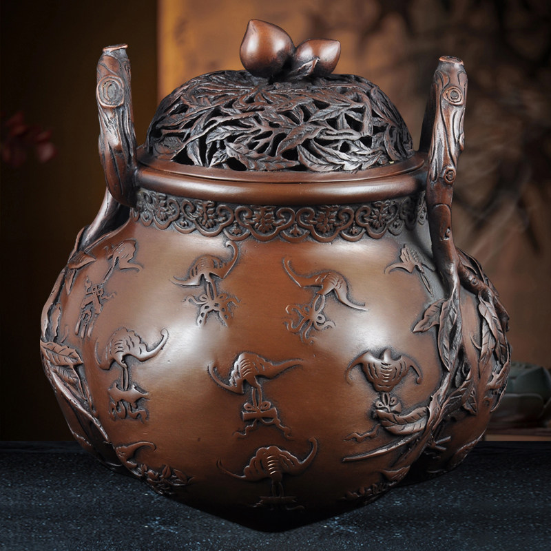 紫铜云浮纹桃型熏炉香道香炉茶室沉香盘香香薰炉室内客厅装饰品,家居饰品,桌面摆件,淘宝优惠券,粉丝福利购,淘宝优惠卷