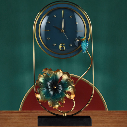 彩铜座钟摆件翠鸟中式创意时钟家