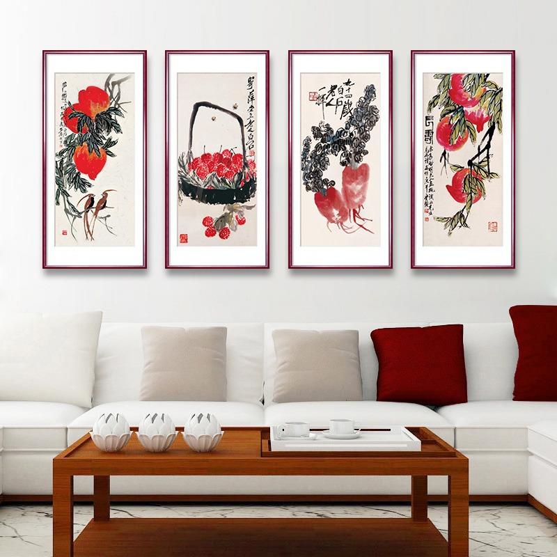 中式客厅装饰挂画齐白石水果画水墨荔枝新桃寿画书房国画OTL餐厅图片