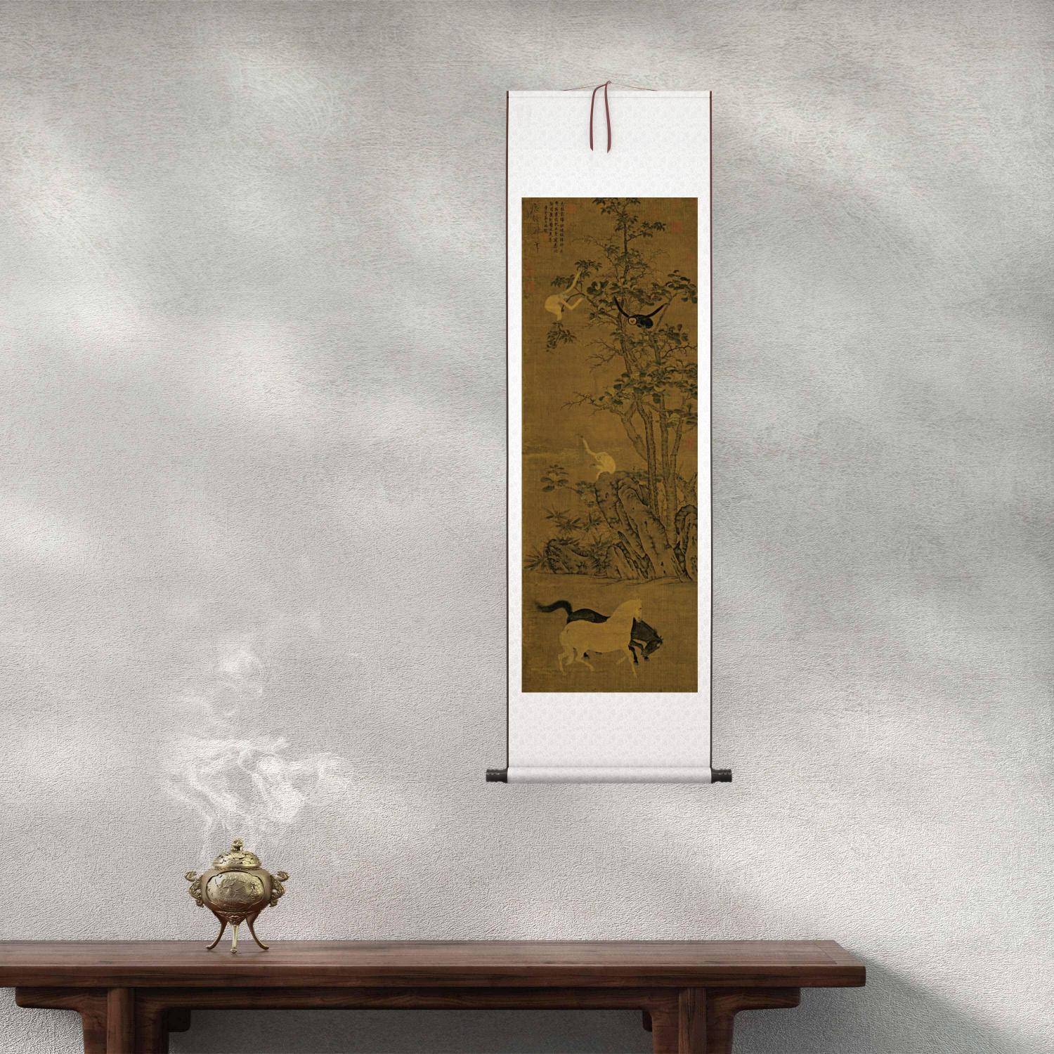 1:1唐韩干猿马图轴中国古字画马装饰画挂画数字微喷复制临摹素材图片