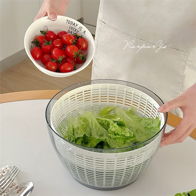 震惊蔬菜洗c衣机!按压蔬菜脱水器甩干机家用沙拉甩菜器手动沥水篮